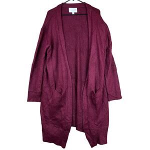 J.O.A. Womens Sweater Maroon Cardigan Long Open Front Alpaca Blend Pockets Large